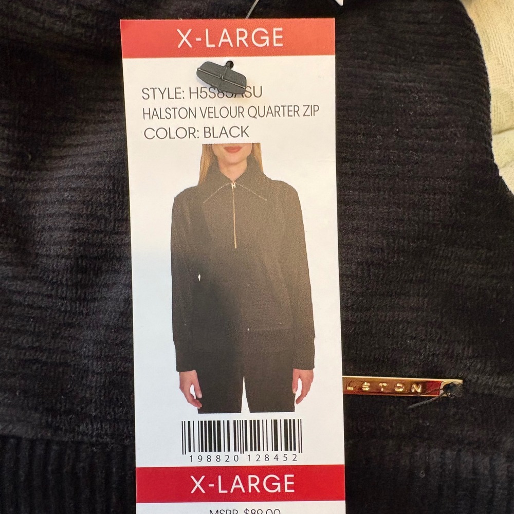 Halston Velour Quarter Zip Pullover Black Ribbed Sweatshirt XL NWT - Picture 6 of 8